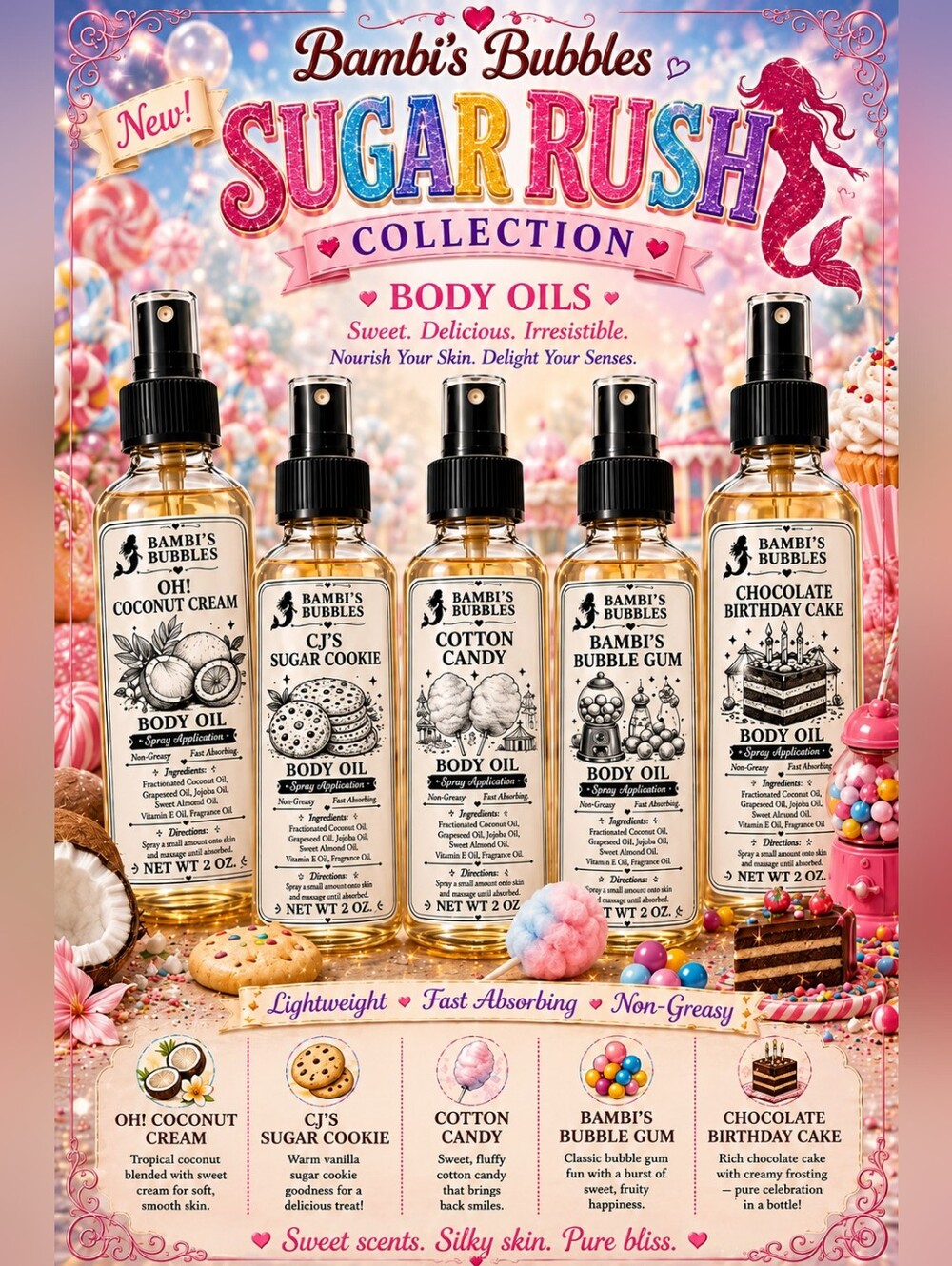 New! Hand Crafted Sugar Rush Collection Body Oils 2oz Assorted Scents